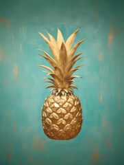 Gold pineapple impasto oil painting on light green background. Acryl illustration for poster, banner, print. Organic concept.
