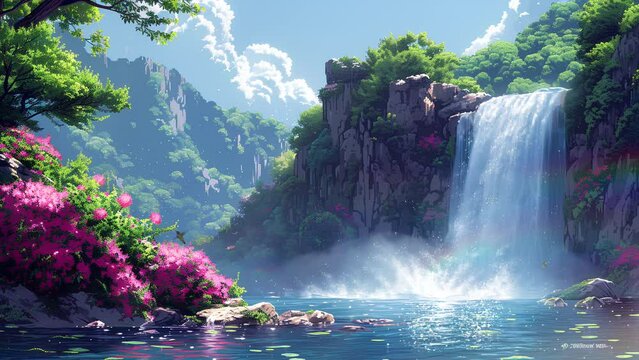 beautiful waterfall in a river whose water flows calmly in a looping animation style. looping video. 4k video