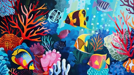 illustration of an underwater scene with brightly colored fish