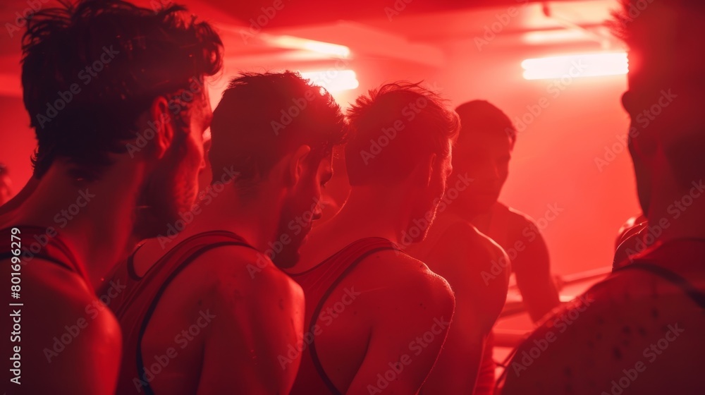 Poster A rowing team huddled together in a room filled with infrared lights getting ready for a competition..