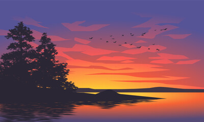 Vector evening landscape with tree silhouette and glowing colorful sky