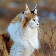 Majestic Long-haired Cat Gazing Across a Natural Autumn Landscape
