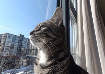 Tabby Cat Enjoying Sunlight by a Window Overlooking a Snowy City