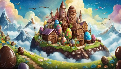 A Floating Easter egg village nestled in the clouds, with colorful houses made entirely of chocolate