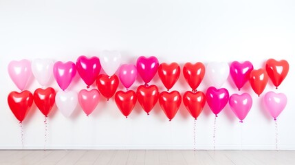 A wall of assorted neon heart balloons in shades of pink and red showcased on a solid white background creating a cheerful and inviting atmosphere for parties