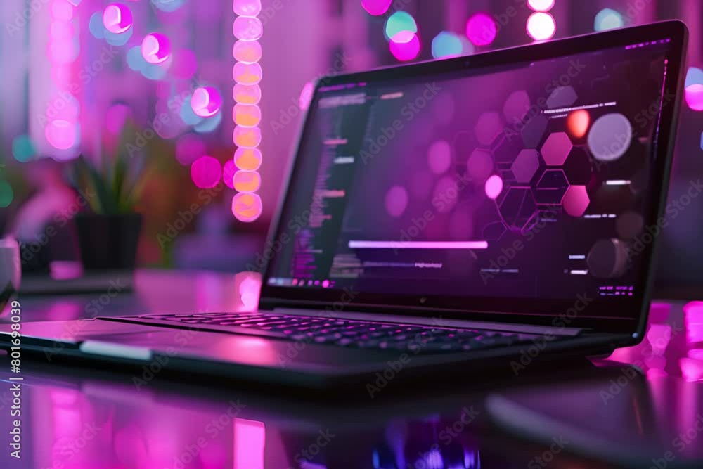 Poster laptop with screen displaying code in shades of purple. generate ai image