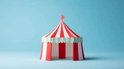 Colorful origami circus tent crafted with vibrant red and white stripes set against a solid light blue background evoking a fun and festive atmosphere