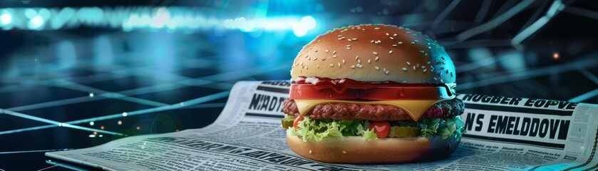 A newspaper headline reading Hamburger Economy in Meltdown, with an image of a melting cheeseburger - obrazy, fototapety, plakaty