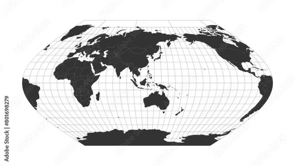 Poster animated world map in eckert v projection, loopable video for travel and geography.