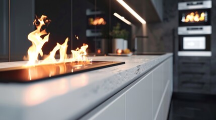 Obraz premium A sleek and stylish kitchen with a linear fireplace built into the sleek white cabinets. The flickering flames add a touch of coziness to the minimalist design. 2d flat cartoon.