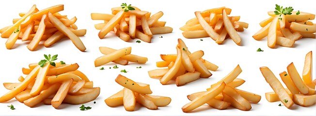Fototapeta premium Set of flying delicious potato fries, isolated on white background, cut out 