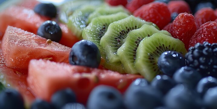 Closeup of a colorful fruit platter featuring fresh berries juicy watermelon and sliced kiwi served at a Sober Sunday Funday gathering.