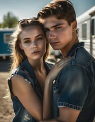 Portrait of a young teen couple embracing