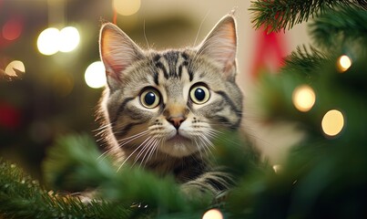 The cat looks at the camera