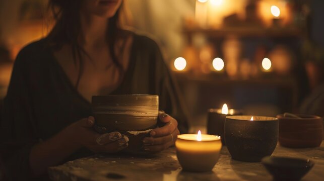 The dim lighting in the studio creates a cozy atmosphere perfect for a peaceful and meditative pottery session.