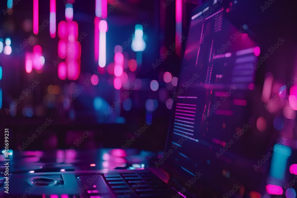 Poster laptop with screen displaying code in shades of purple. generate ai image