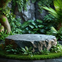 Photo of a wooden podium with tropical plants in the background for product presentation