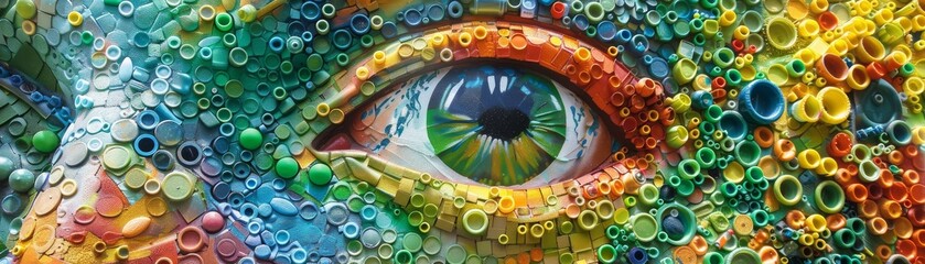 Artist sculpting an intricate mural out of recycled plastic bottles, transforming waste into vibrant public art