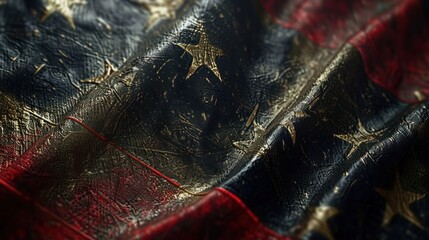 Grunge Vintage American Flag Closeup on Windy Independence Day