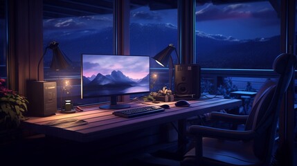 A peaceful workspace with a computer monitor and keyboard softly illuminated by LED lights, offering a tranquil environment for work or relaxation. 