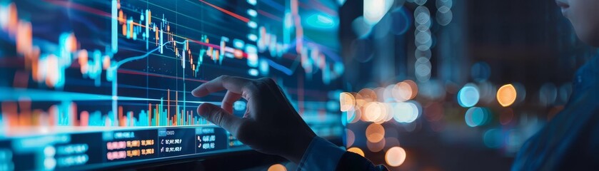 Financial analyst reviewing detailed stock market charts on a computer, highlighting trends and forecasting future movements