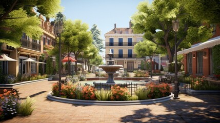 A quaint European village square adorned with cobblestone streets, charming cafes, and a rustic fountain. 