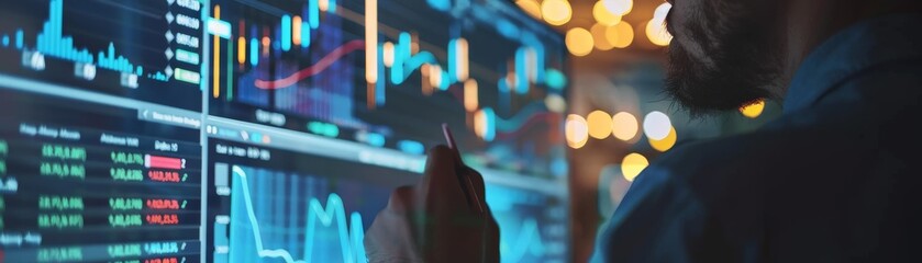 Financial analyst reviewing detailed stock market charts on a computer, highlighting trends and forecasting future movements