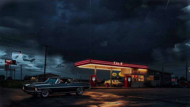 scene of an old American car parked in front of a gas station with a view of a sky full of stars