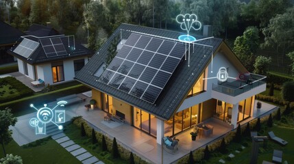 Household using smart home technology to optimize energy consumption from their solar panel system, showcasing realtime usage metrics