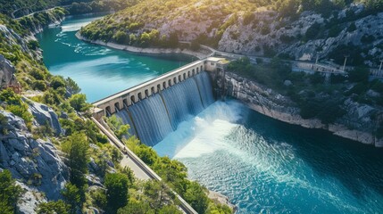 Hydroelectric dam in operation, with water powering turbines to produce electricity without pollution