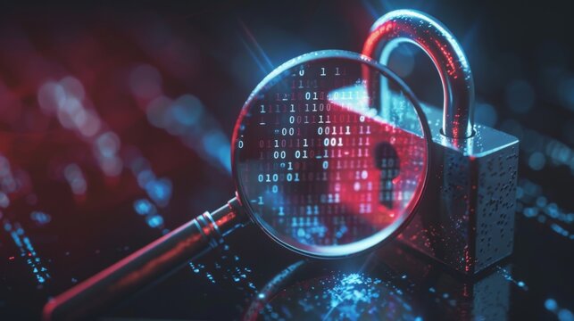A magnifying glass over a padlock with binary code in the background.