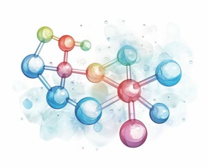 A watercolor painting of a molecule with blue, green, yellow, and red atoms. - obrazy, fototapety, plakaty