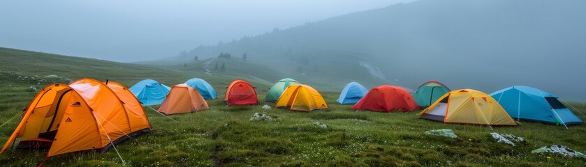 Outdoor gear brand introduces a new line of ecofriendly tents with live weather resistance tests at their trade show booth