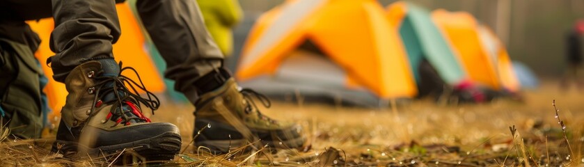 Outdoor sports trade show featuring camping gear, live adventure simulations, and product testing areas