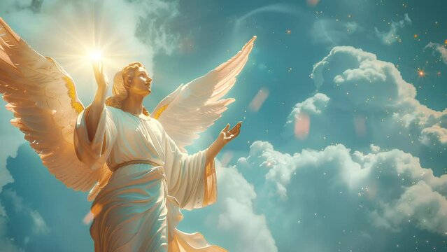 jesus with his wings flapping his hands up to the sky.
