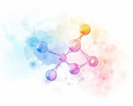 A watercolor painting of a molecule with a white background.