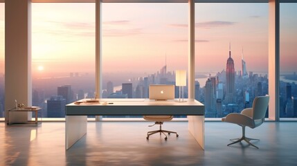 A sleek desk positioned against a backdrop of floor-to-ceiling windows, casting a soft glow on the white empty frame above. 