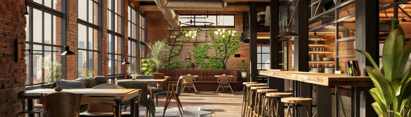 Fototapeta premium Rusticthemed coworking space with exposed brick walls, wooden beams, and vintage decor creating a warm, inviting atmosphere