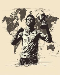 linear drawing of an athlete with a  cup,against the background of a map, monochrome