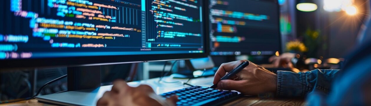 Programmer writing code on a computer screen, with software development environment and debug console open