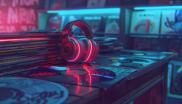 Neon glowing headphones resting on a stack of vinyl records in a retrofuturistic 80s setting.