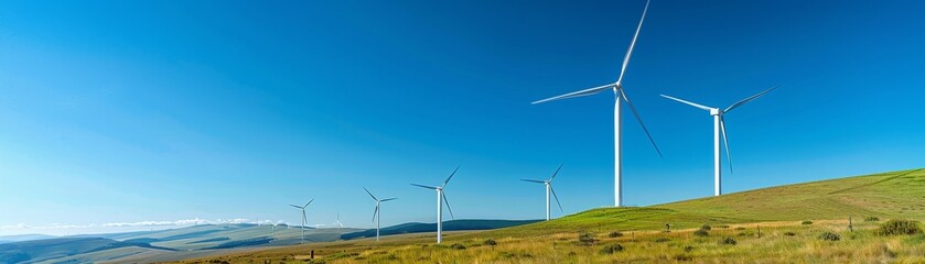 Wind turbines on a scenic hillside, generating renewable energy with each rotation against a clear blue sky