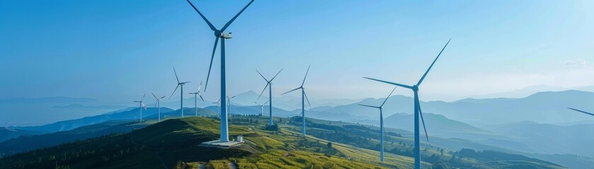 Wind turbines on a scenic hillside, generating renewable energy with each rotation against a clear blue sky