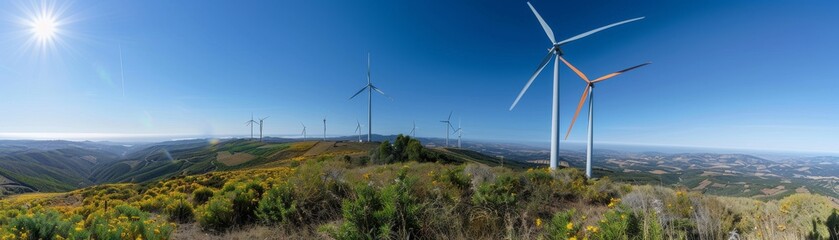 Wind turbines on a scenic hillside, generating renewable energy with each rotation against a clear blue sky