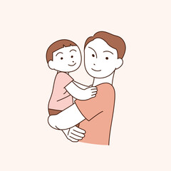 a dad is holding his son. they look alike. hand drawn style vector illustration. 