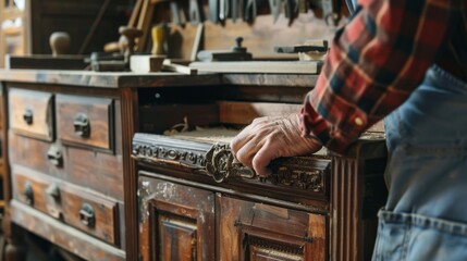 Woodworker restoring an antique cabinet, carefully replacing old parts and preserving its historical integrity - obrazy, fototapety, plakaty