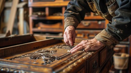 Woodworker restoring an antique cabinet, carefully replacing old parts and preserving its historical integrity
