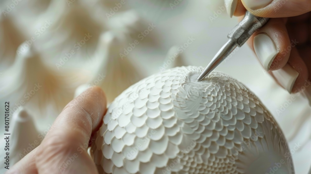 Poster tiny tools delicately carving intricate patterns into a thin eggshelllike piece of porcelain..
