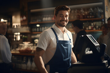 A man checkout credit card on a restaurant counter