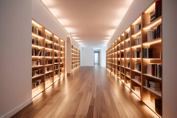 Perspective view of white apartment corridor with parquet floor and wooden bookcases with books under glowing lamps